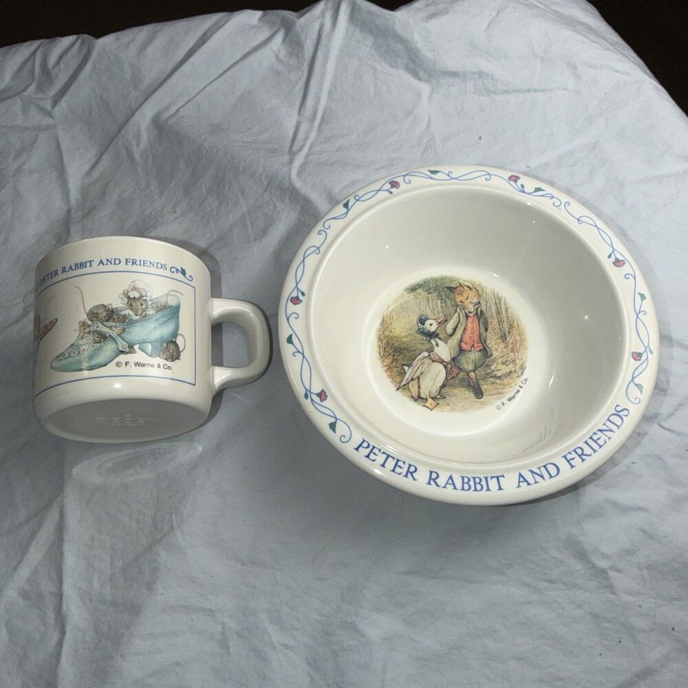 Peter Rabbit & Friends Beatrix Potter Plastic Cup & Bowl Set Children's Mug VTG